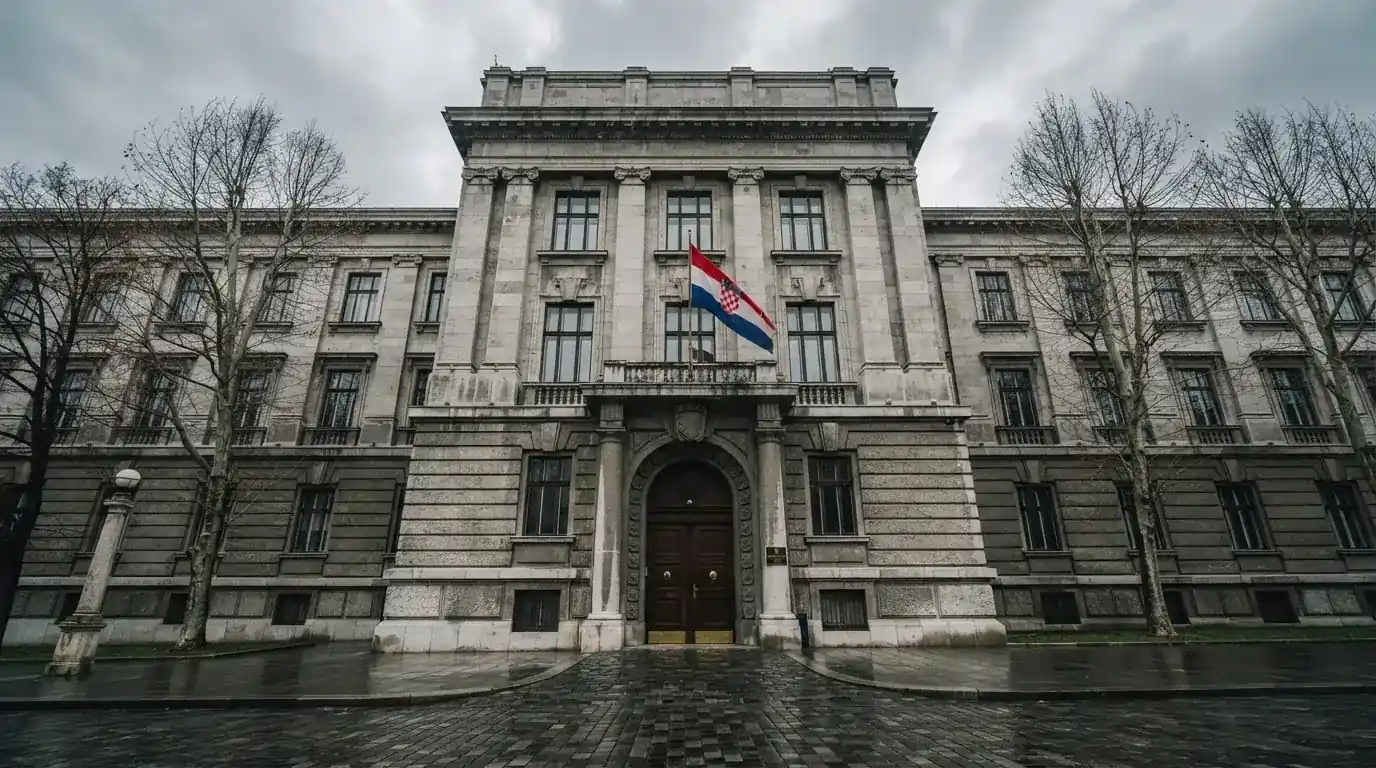 Pročelje zagrebačke ministarske zgrade od sivog kamena s visokim vratima i zastavom, oblačno nebo iznad.
