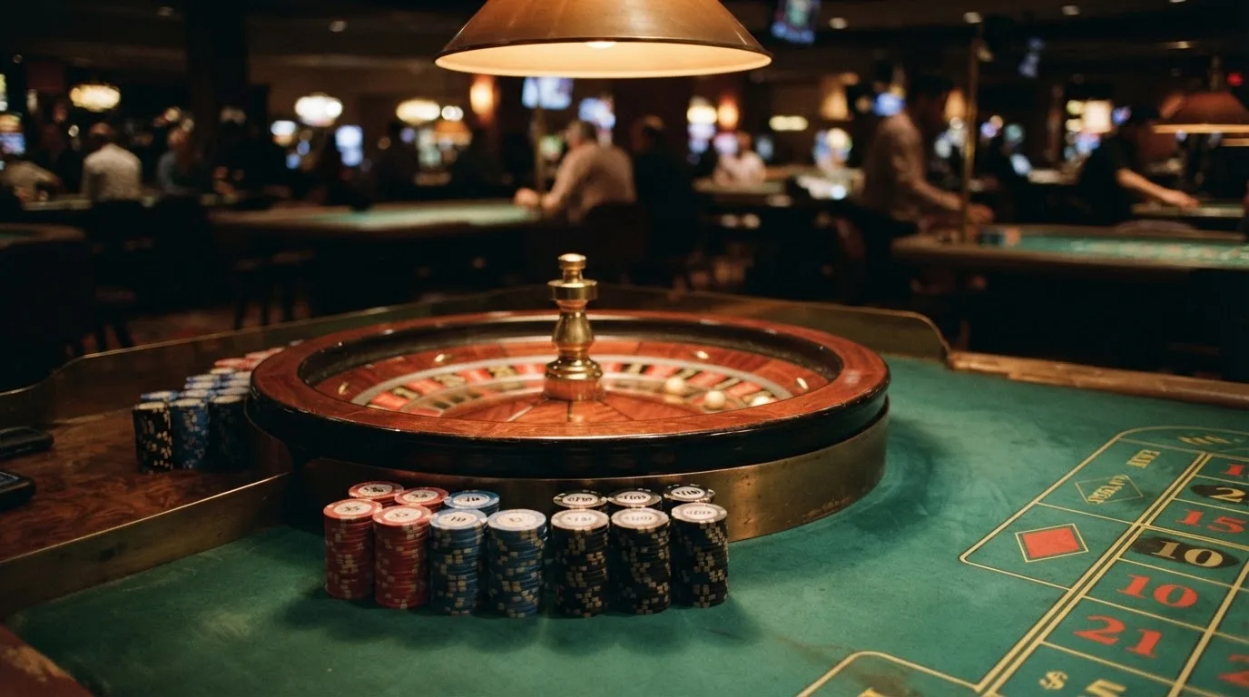 Kotač ruleta i žetoni na zelenom suknu pod toplim večernjim svjetlom — besplatni casina u hrvatskoj