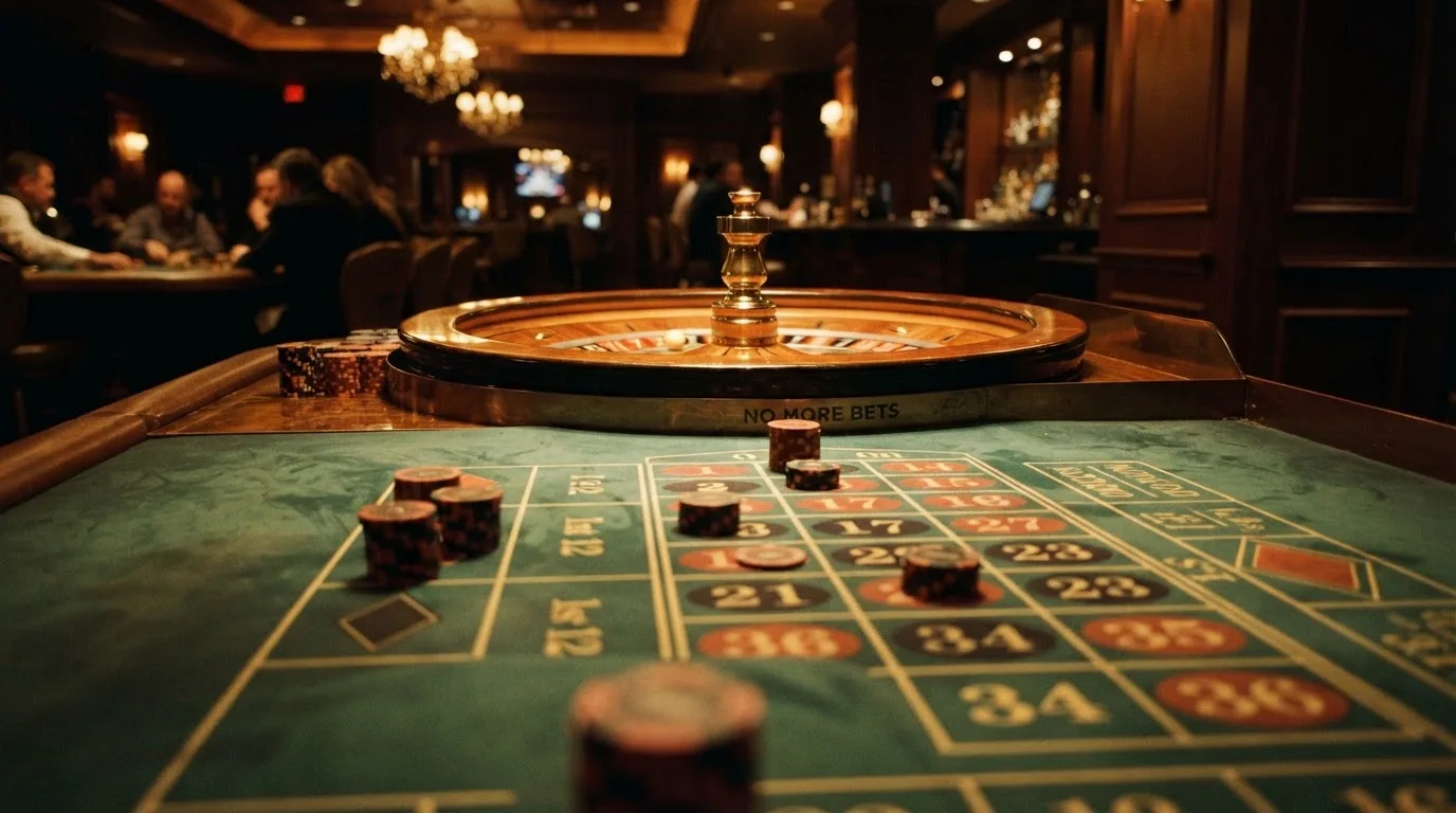 Kotač ruleta i žetoni na zelenom suknu pod toplim večernjim svjetlom — blackjack casina u hrvatskoj