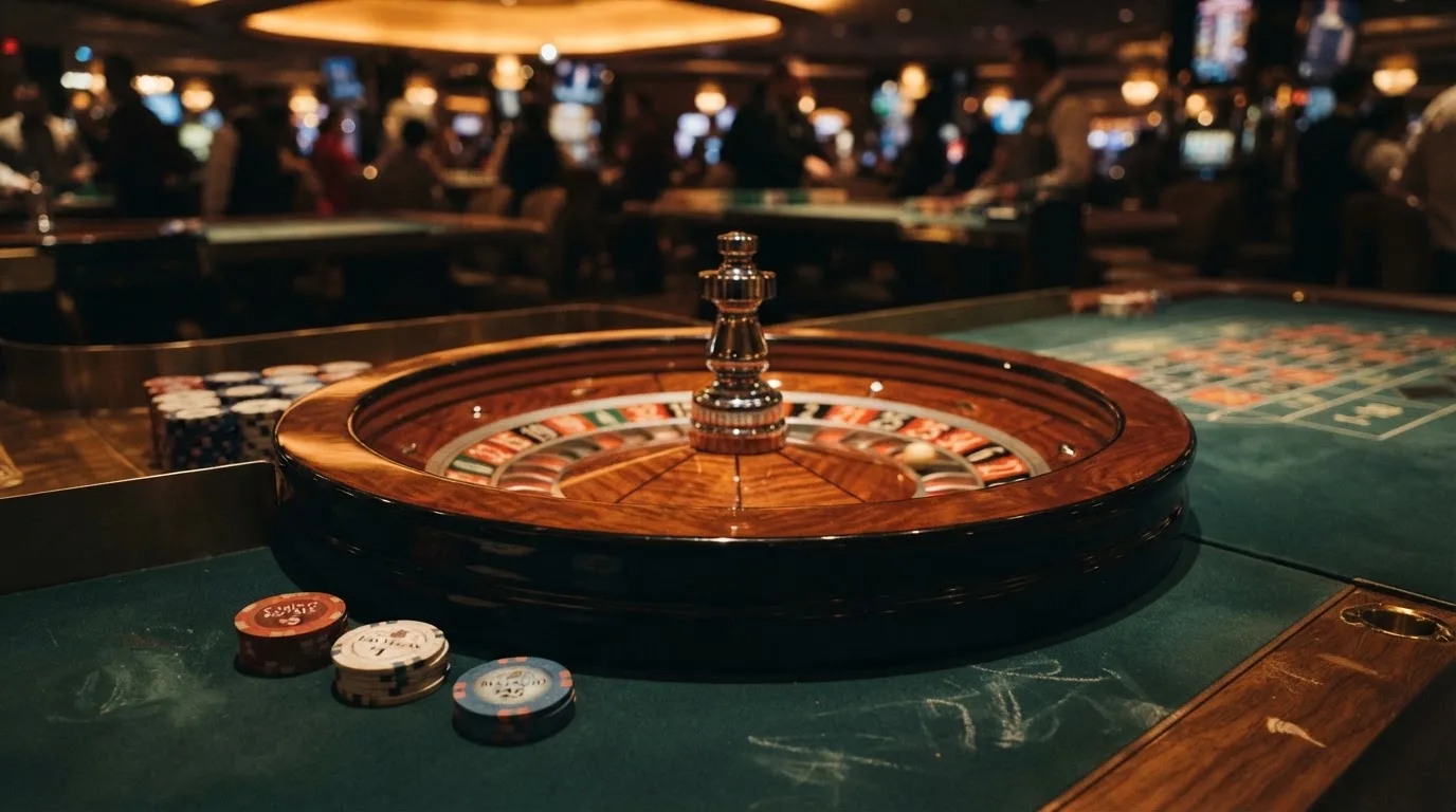 Kotač ruleta i žetoni na zelenom suknu pod toplim večernjim svjetlom — bonusi bez depozita u kasinu