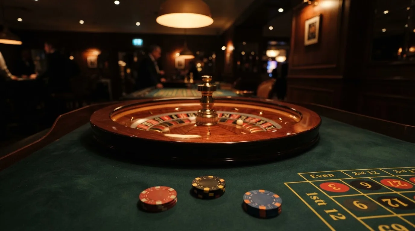Kotač ruleta i žetoni na zelenom suknu pod toplim večernjim svjetlom — casina za android u hrvatskoj