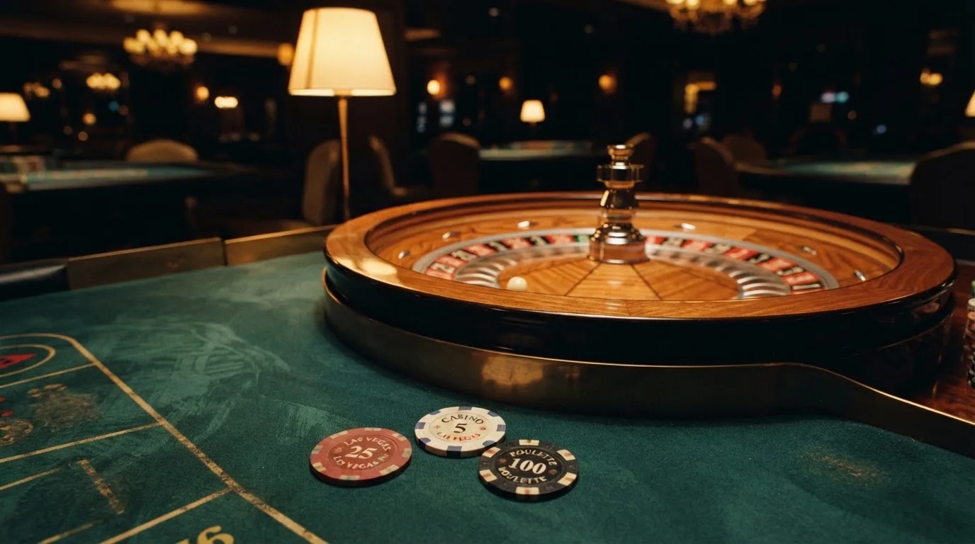 Kotač ruleta i žetoni na zelenom suknu pod toplim večernjim svjetlom — casina za iphone u hrvatskoj