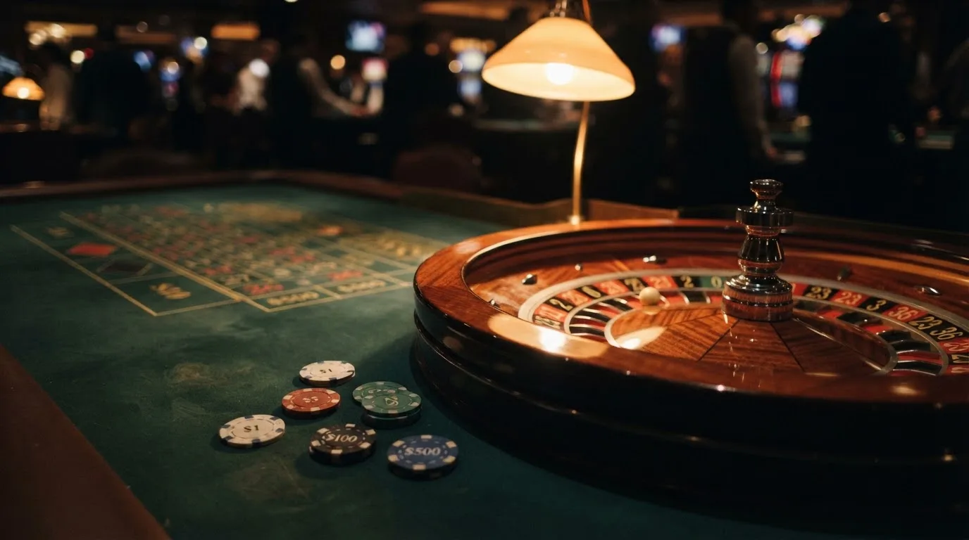 Kotač ruleta i žetoni na zelenom suknu pod toplim večernjim svjetlom — casino aparati u hrvatskoj