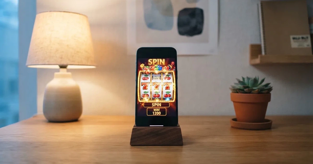 Mobitel na stalku na stolu, ispred njega miran radni kutak s lampom i biljkom, zaslon meko svijetli.