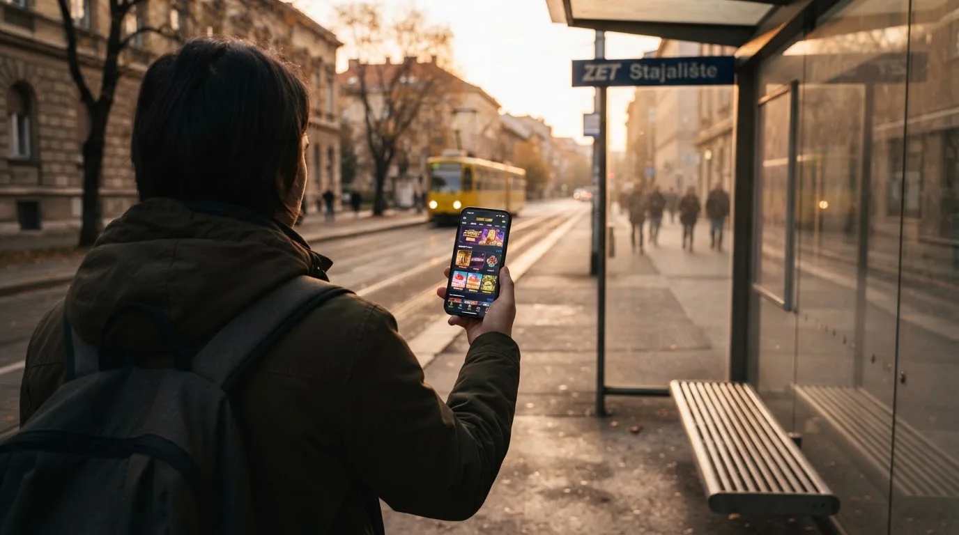 Osoba na autobusnoj stanici u Zagrebu čeka autobus i drži mobitel u ruci, kasno poslijepodne.