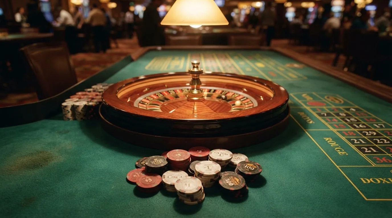 Kotač ruleta i žetoni na zelenom suknu pod toplim večernjim svjetlom — casino bez registracije u hrvatskoj