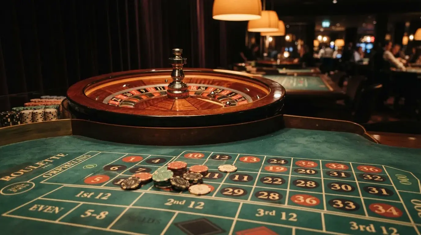 Kotač ruleta i žetoni na zelenom suknu pod toplim večernjim svjetlom — casino igre u hrvatskoj