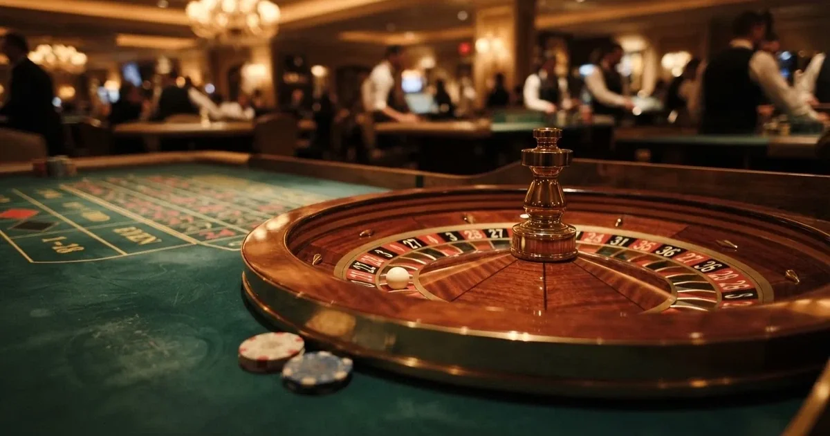 Kotač ruleta i žetoni na zelenom suknu pod toplim večernjim svjetlom — casino lutrija u hrvatskoj