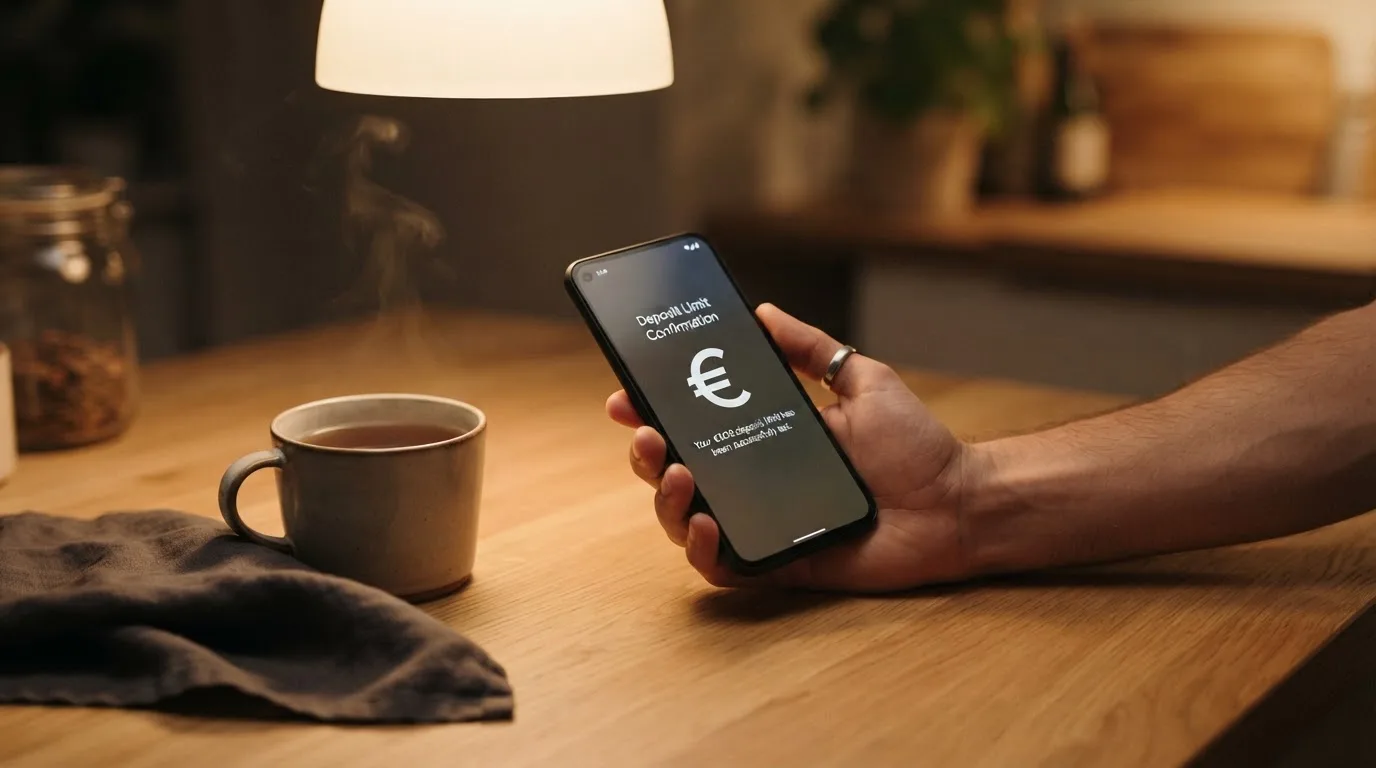 Ruka drži mobitel pokraj šalice čaja na kuhinjskom stolu u mirnu večer — casino lutrija u hrvatskoj