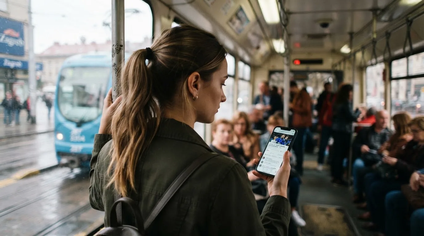 Žena u zagrebačkom tramvaju drži pametni telefon, putnici u pozadini zamućeni, dnevno svjetlo kroz prozore.