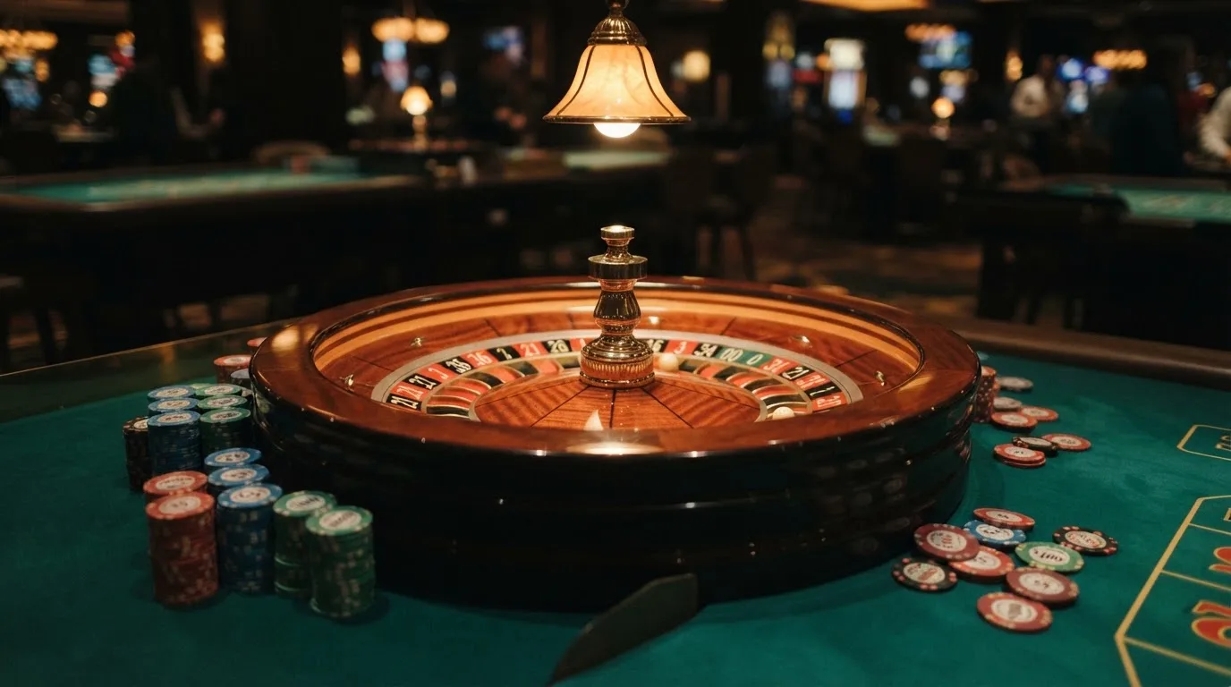 Kotač ruleta i žetoni na zelenom suknu pod toplim večernjim svjetlom — casino s apple pay u hrvatskoj