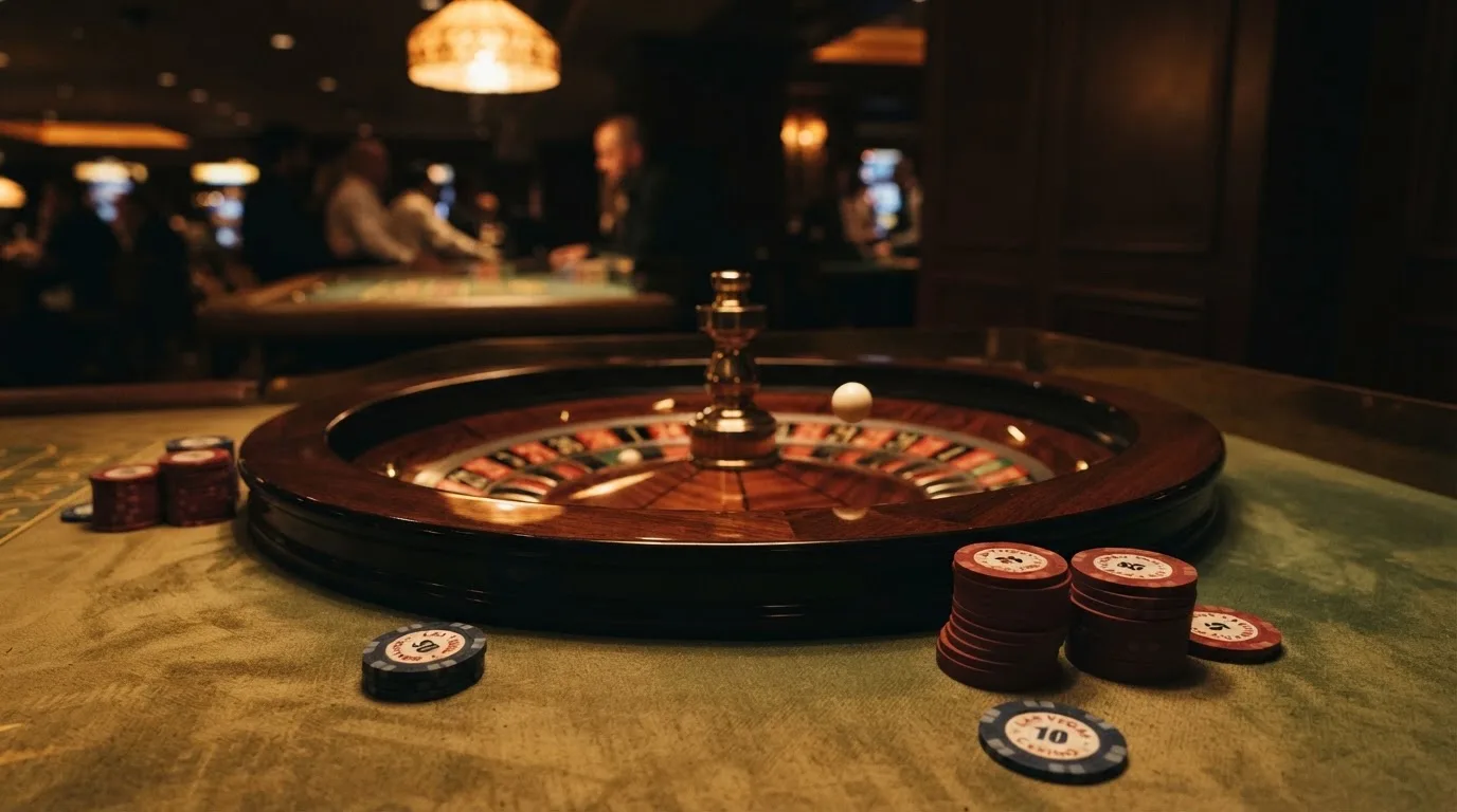 Kotač ruleta i žetoni na zelenom suknu pod toplim večernjim svjetlom — casino s bankovnim transferima