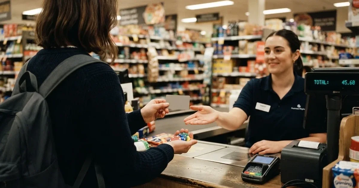 Kupac na kasi supermarketa drži prepaid karticu bez oznaka i novčanice, blagajnica pruža ruku, police u pozadini.