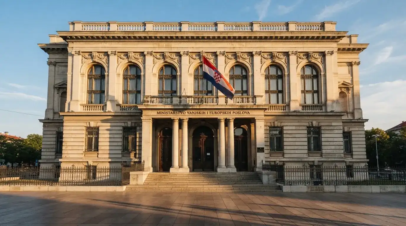 Fasada državne zgrade s lukovima i hrvatskom zastavom u sjaju poslijepodneva, bez ljudi.