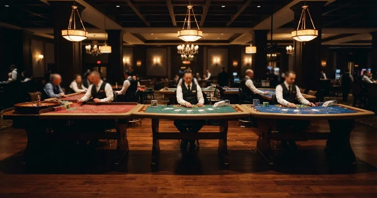 Tri različita stola za igru jedan uz drugi u mirnoj, toplo osvijetljenoj dvorani — casino stranice u hrvatskoj