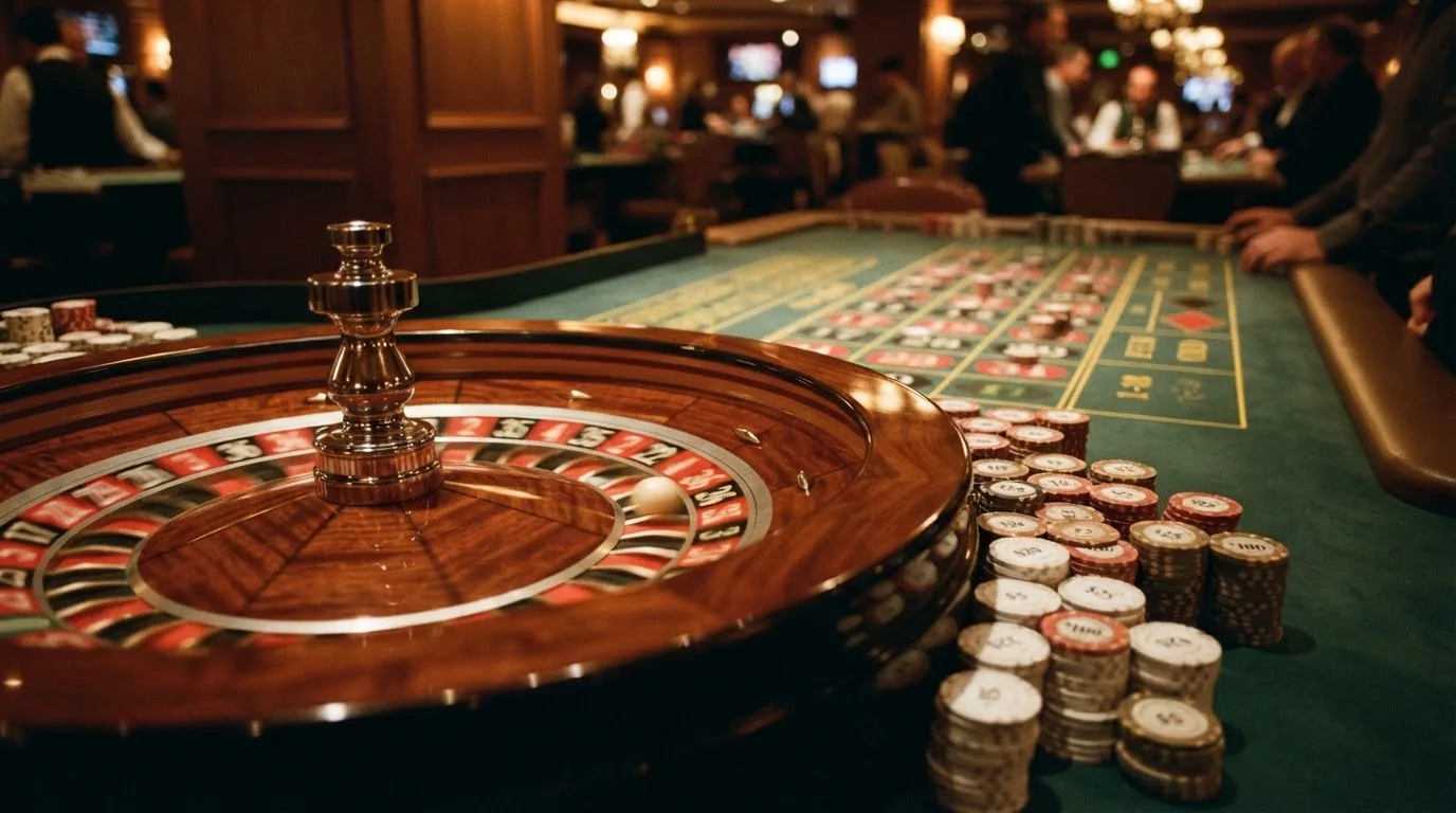 Kotač ruleta i žetoni na zelenom suknu pod toplim večernjim svjetlom — casino stranice u hrvatskoj