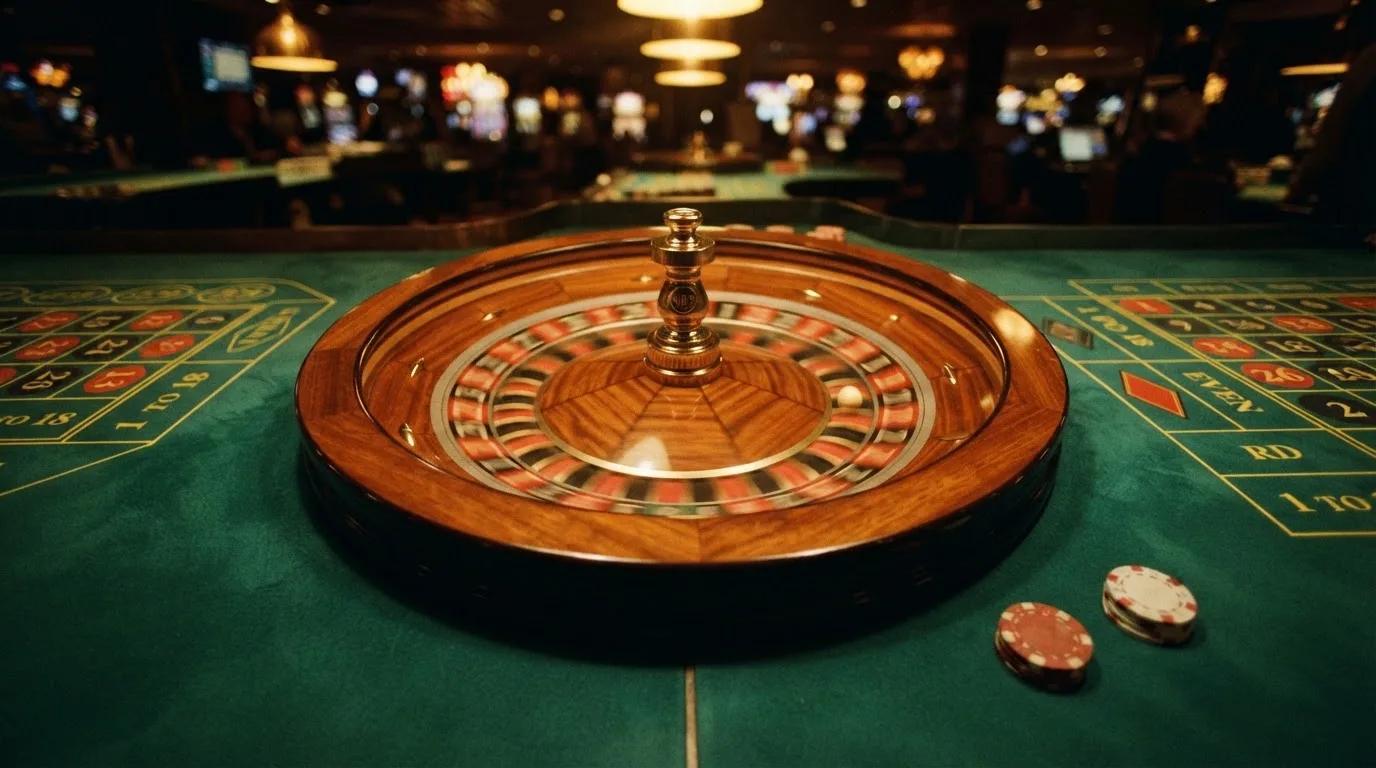 Kotač ruleta i žetoni na zelenom suknu pod toplim večernjim svjetlom — ethereum casino u hrvatskoj