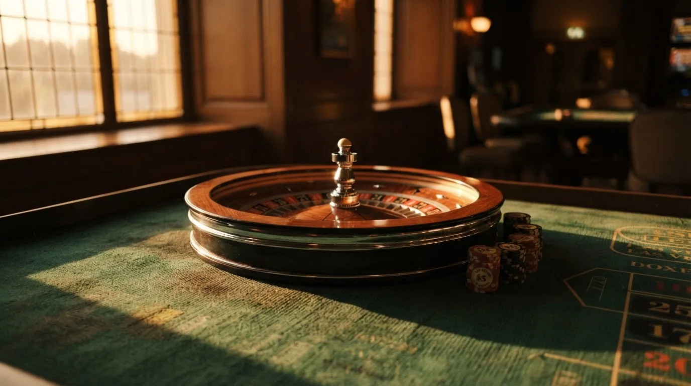 Kotač ruleta i žetoni na zelenom suknu pod toplim večernjim svjetlom — igrati blackjack u hrvatskoj