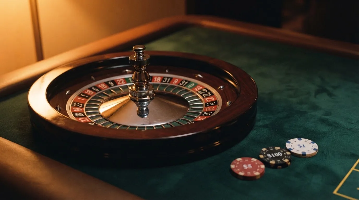 Kotač ruleta i žetoni na zelenom suknu pod toplim večernjim svjetlom — kombinacije za rulet