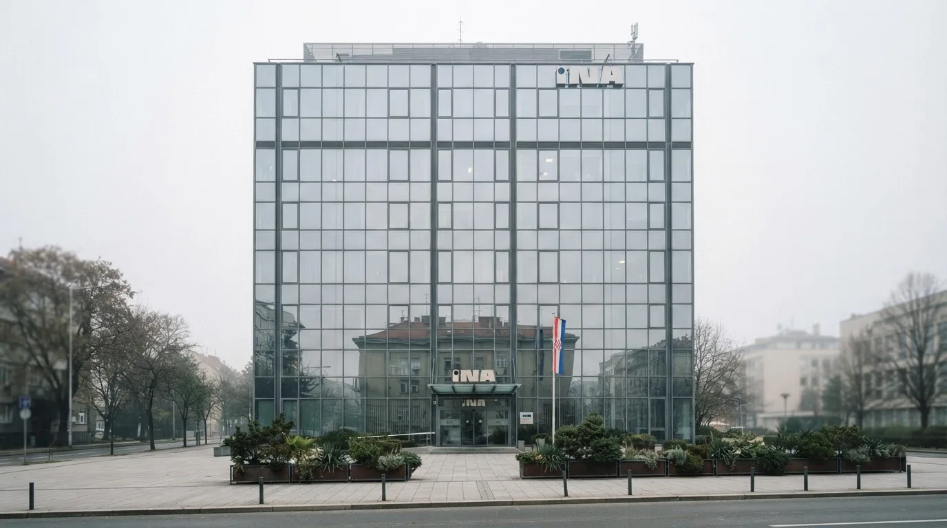 Pročelje zgrade od stakla i čelika u Zagrebu, jutarnja izmaglica i dnevno svjetlo, bez ljudi.