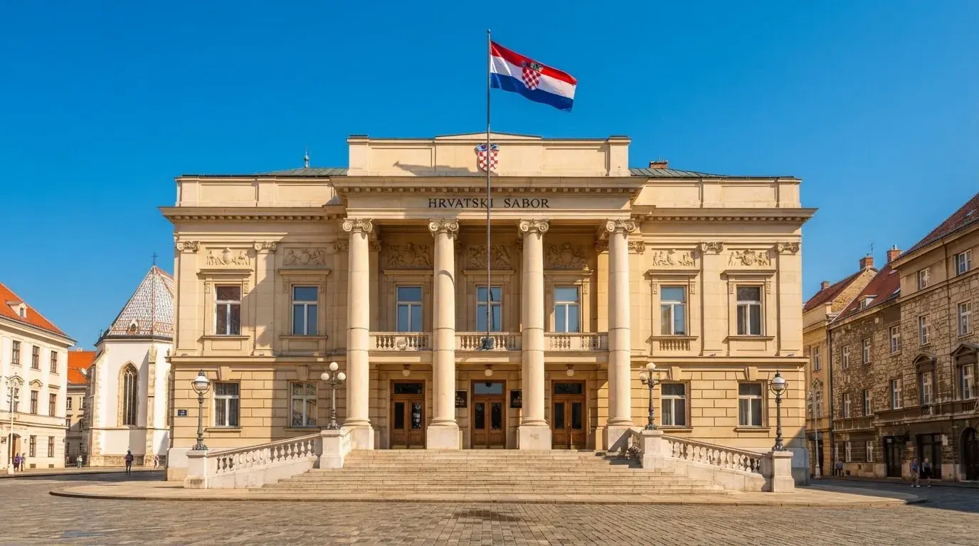 Svijetla državna zgrada u središtu Zagreba s hrvatskom zastavom na pročelju, snimljena danju pod vedrim nebom.