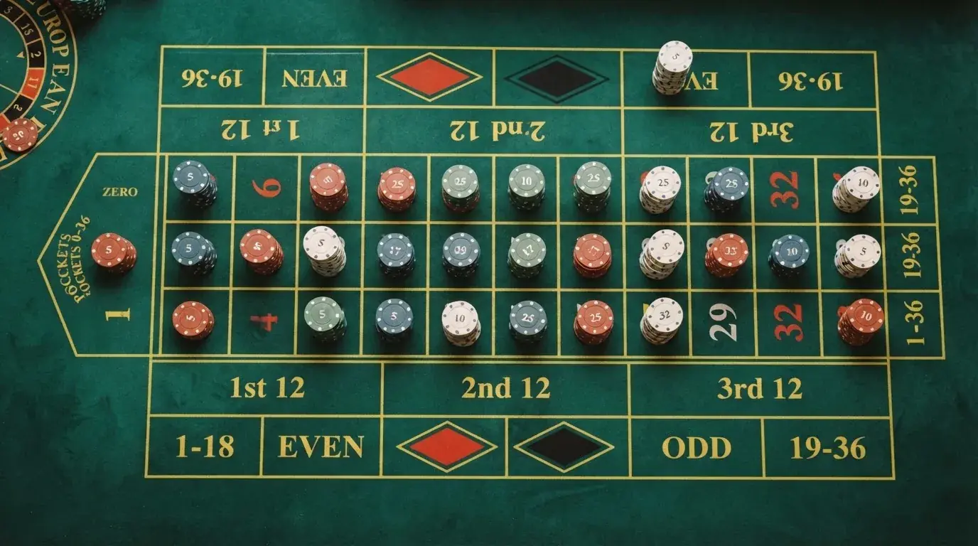 Pogled odozgo na zeleno sukno ruleta sa žetonima različitih boja složenim u male stupce, pod toplim svjetlom.