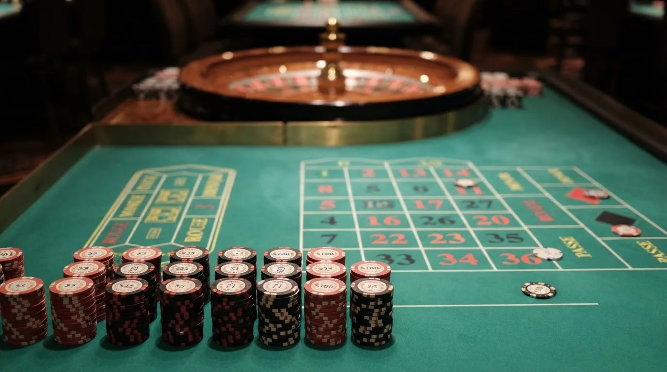 Žetoni naslagani u stupce uz rub zelenog stola, u pozadini zamućen kotač ruleta.